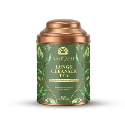 Aaurash Lungs Cleanser herbal tea in a tea pot, promoting respiratory wellness and natural detox with caffeine-free herbal blend.