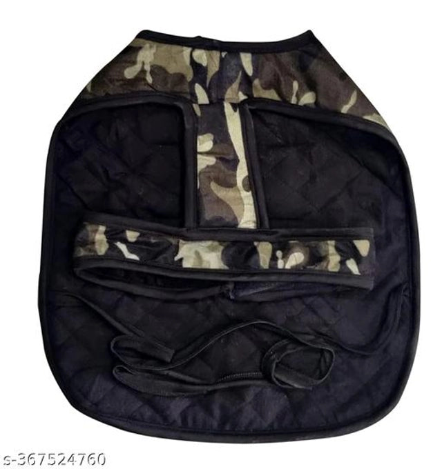 Multicolor fabric winter army print dog coat, 22-inch size, designed by 15929, suitable for cold weather and outdoor walks.