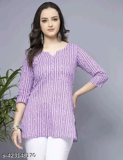 Lavender short cotton kurti for women with stylish design, featuring a comfortable fit and traditional neckline.