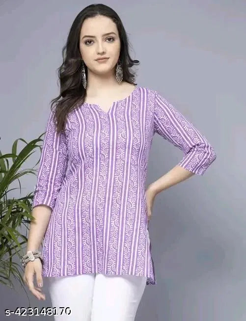 Lavender short cotton kurti for women with stylish design, featuring a comfortable fit and traditional neckline.