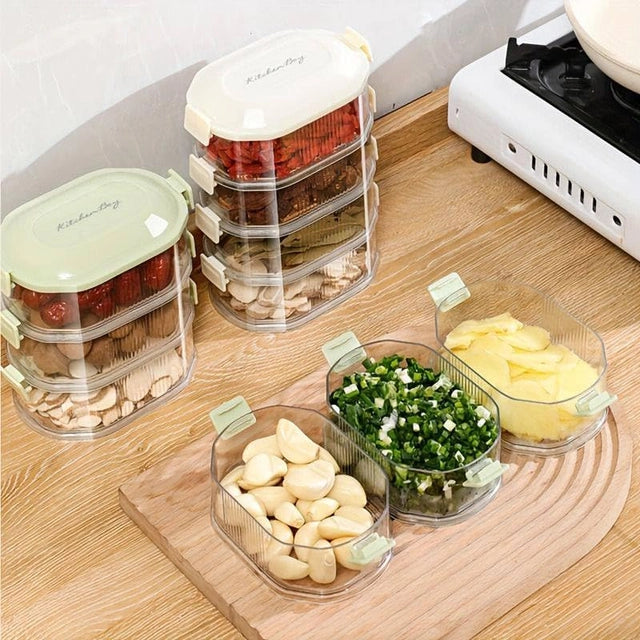 Four-layer transparent spice storage jars by 18057, showing clear plastic containers with labeled spice compartments.