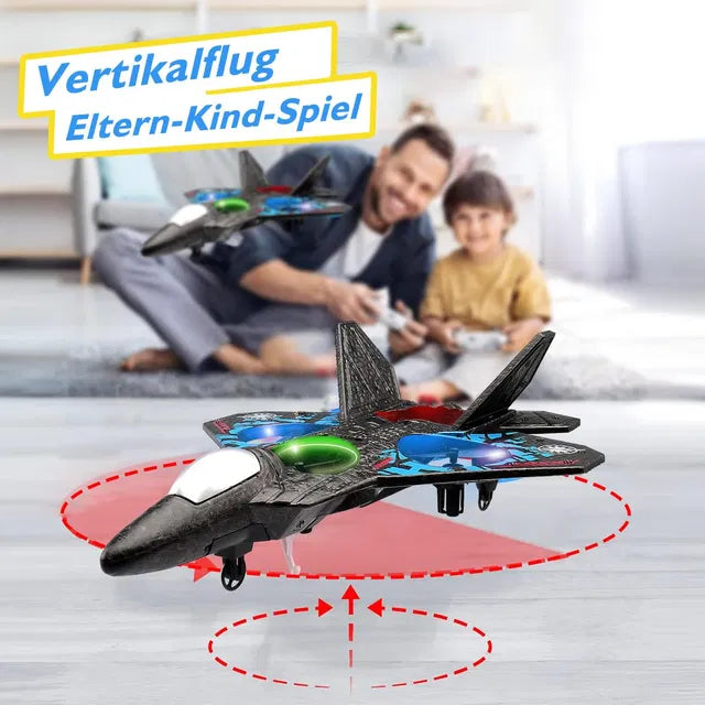 Radio-controlled RC jet fighter plane with 2.4 GHz remote control, electronic toy quadcopter aircraft in flight.