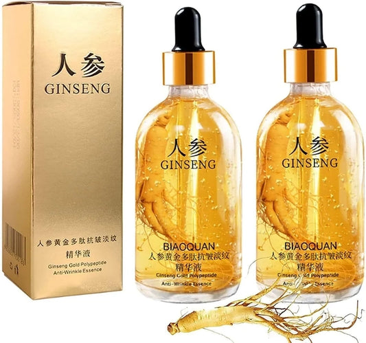 Two 30ml bottles of 18058 Ginseng Gold Anti-Wrinkle Serum in sleek packaging, designed for facial skin rejuvenation and anti-aging.