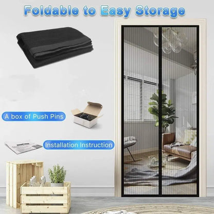 Mesh screen door curtain from 1238 with magnetic foldable design, ideal for preventing mosquitoes and allowing easy entry.