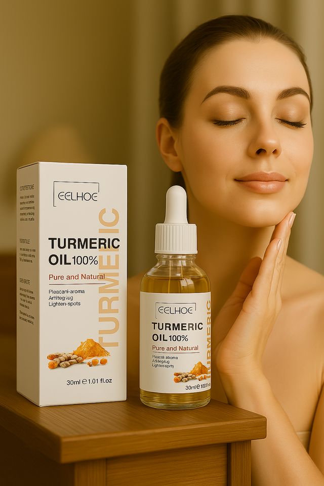 Two bottles of 1361 Face Turmeric Serum Oil for facial skin, in cream or gel form, shown in clear bottles with yellow turmeric label.