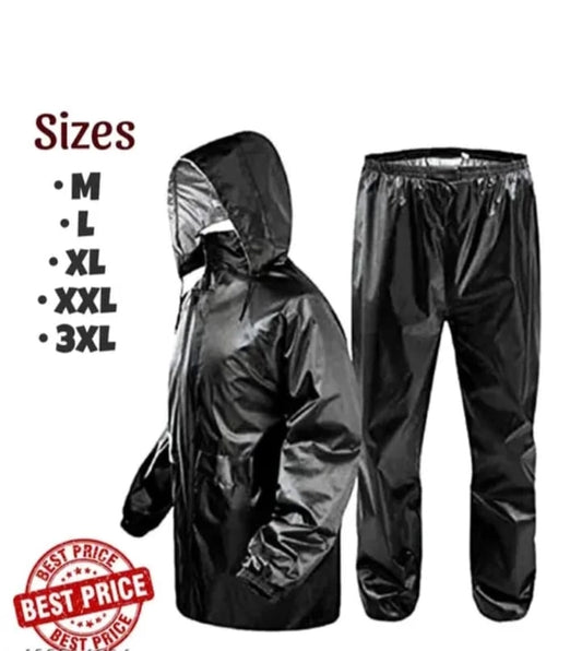 Black polyester full sleeves rainsuit set for men, size XL, raincoat with hood and matching pants, designed for waterproof protection.