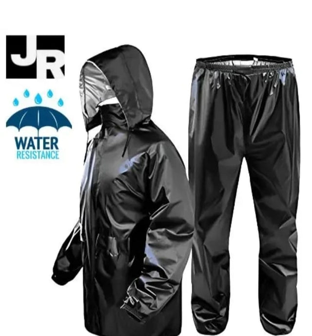 Black men's polyester full sleeves rainsuit set in XL size, waterproof raincoat with full sleeves for rainy weather.