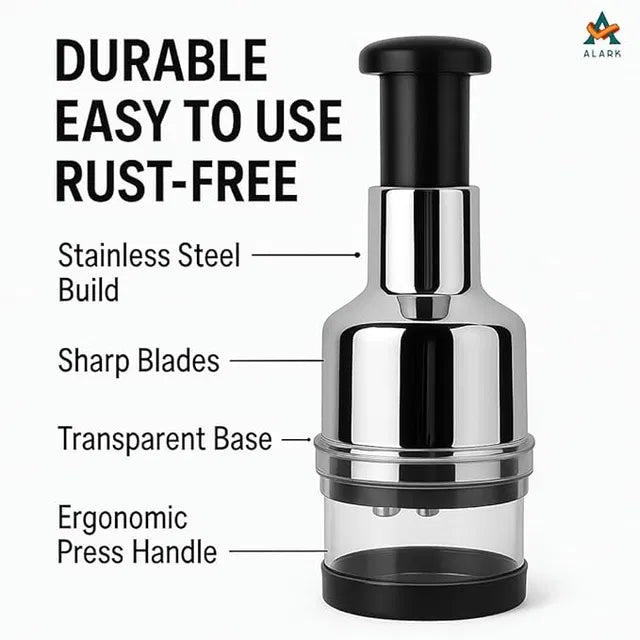 Manual vegetable chopper and slicer from 18281, compact handheld kitchen tool with stainless steel blades for easy chopping and slicing.