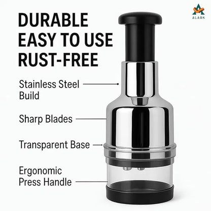 Manual vegetable chopper and slicer from 18281, compact handheld kitchen tool with stainless steel blades for easy chopping and slicing.