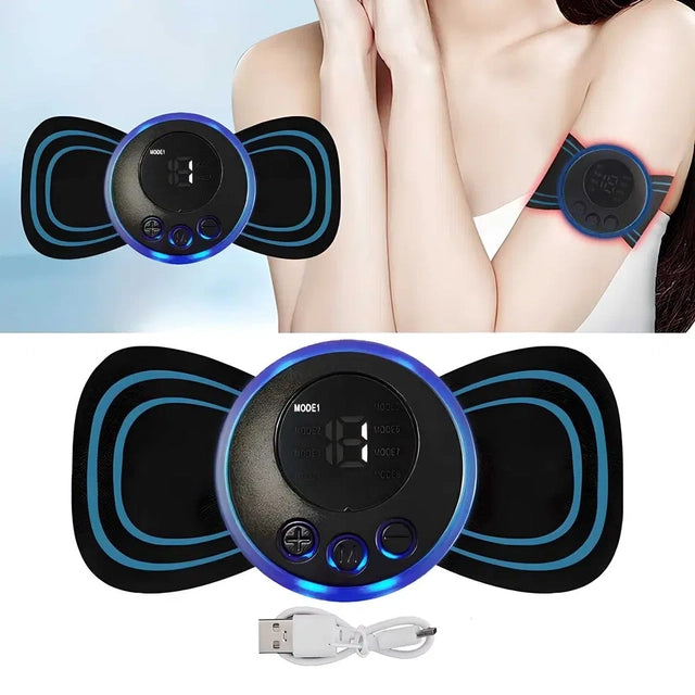 Mini electric massager with 8 modes and 19 strength levels, suitable for shoulders, arms, legs, and back pain relief.