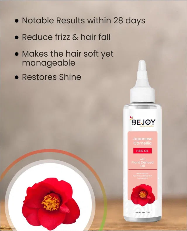 Bejoy Japanese Camellia Baby Hair Oil 150 ml, two bottles, with smooth, clear liquid and soft baby hair on a gentle background.