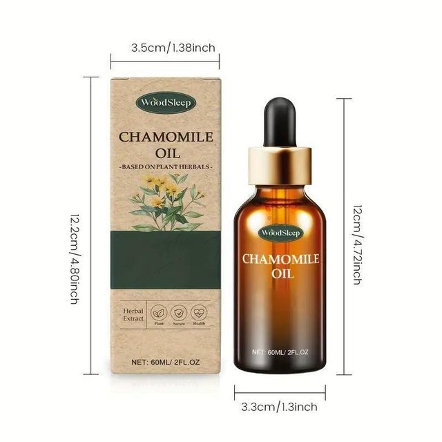 Chamomile Sleep Body Essential Oil 60ml from 1361, showing the bottle with label and natural chamomile flowers.