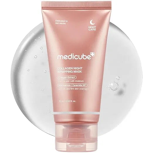 Medicube Pink Therapy Collagen Night Wrapping Face Mask in a pink jar, creamy texture ideal for skincare and anti-aging.