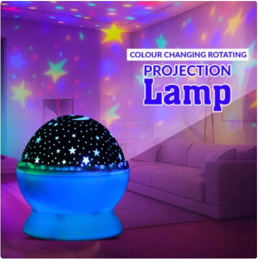 Star Master projector night lamp from 18281, showing a starry sky projection on a wall, with sleek black design and adjustable focus.