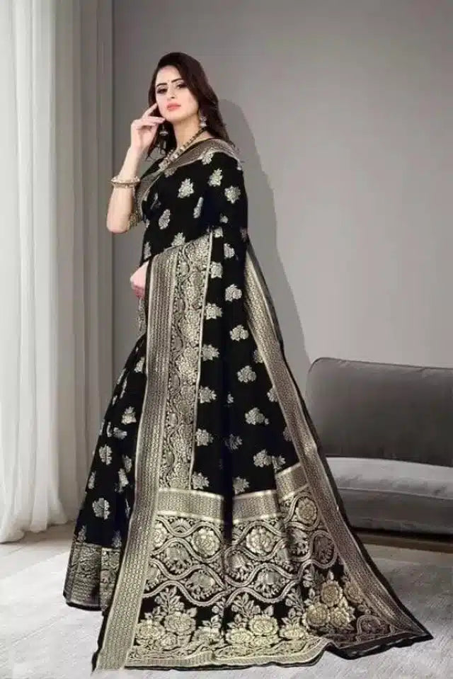 Black Jacquard foil printed saree for women, 6.3 meters, showcasing intricate designs and elegant fabric details.