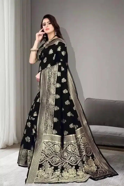 Black Jacquard foil printed saree for women, 6.3 meters, showcasing intricate designs and elegant fabric details.