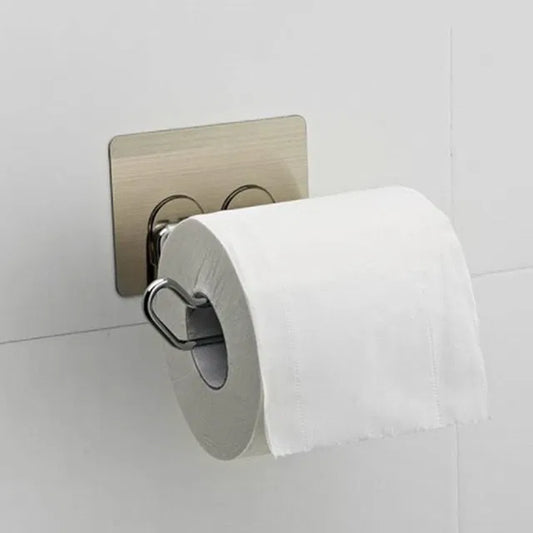 Stainless steel wall mount self-adhesive toilet paper holder with napkin holder design, brand 19357, mounted on bathroom wall.