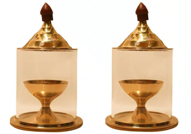 Brass oil puja lamp diyas in gold finish, 5-inch size, set of 2, traditional diyas and lanterns for religious ceremonies.