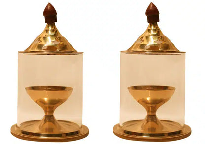 Brass oil puja lamp diyas in gold finish, 5-inch size, set of 2, traditional diyas and lanterns for religious ceremonies.