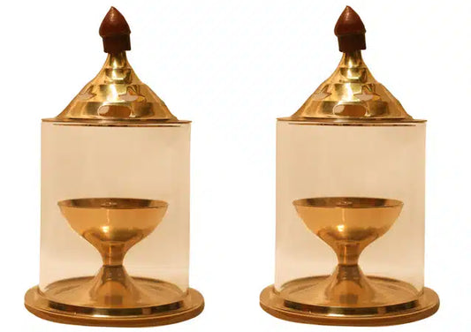 Brass oil puja lamp diyas in gold finish, 5-inch size, set of 2, traditional diyas and lanterns for religious ceremonies.