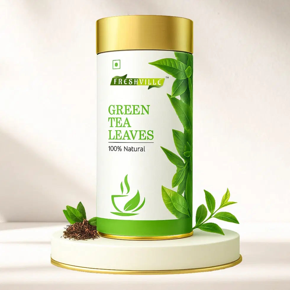 Freshville green tea leaves in a traditional tea pot, showcasing fresh, vibrant tea leaves for brewing.