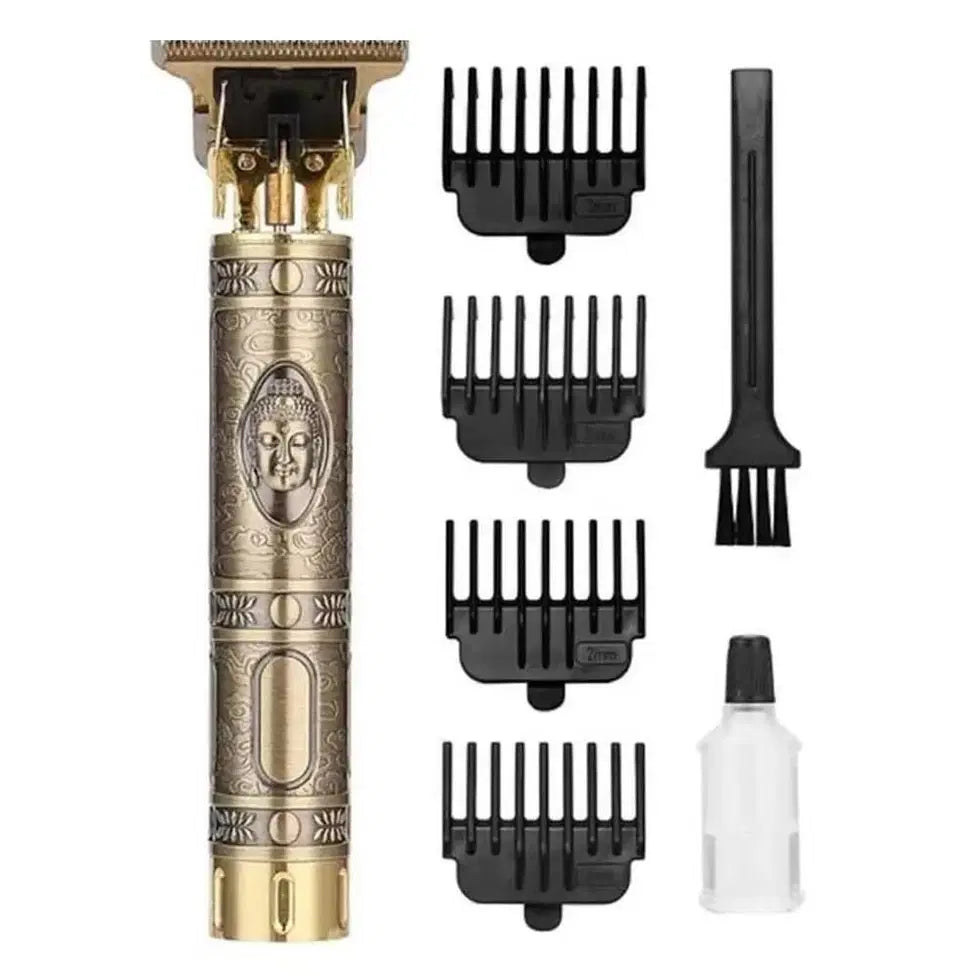 1238 Buddha Electric Pro Hair Clippers grooming kit with trimmer, showing stainless steel blades and adjustable guard attachments.