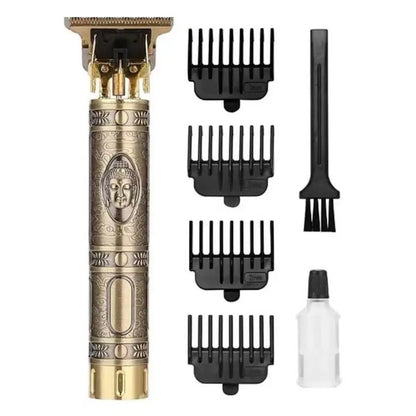 1238 Buddha Electric Pro Hair Clippers grooming kit with trimmer, showing stainless steel blades and adjustable guard attachments.