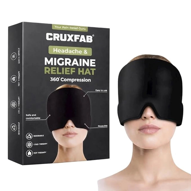 Migraine relief cap for headaches, sinus tension, and stress, designed for men and women, made of soft fabric with cooling foil lining.