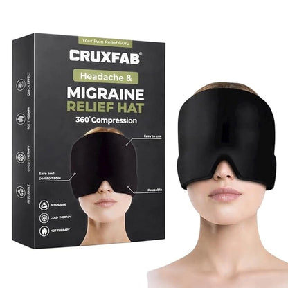 Migraine relief cap for headaches, sinus tension, and stress, designed for men and women, made of soft fabric with cooling foil lining.