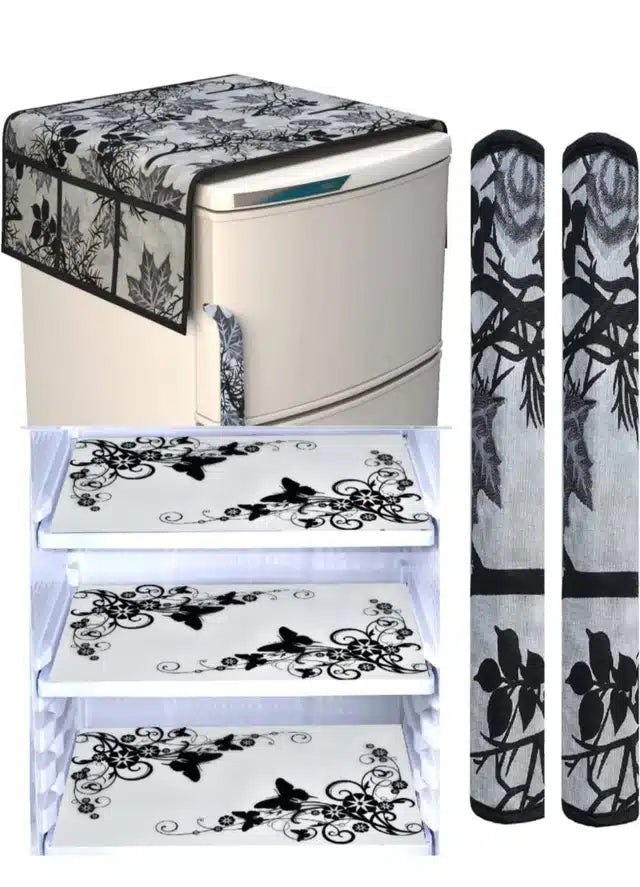 Multicolor knit printed fridge cover set with 2 handle covers and top cover, designed for kitchen appliance protection.