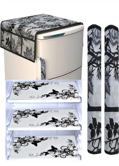 Multicolor knit printed fridge cover set with 2 handle covers and top cover, designed for kitchen appliance protection.