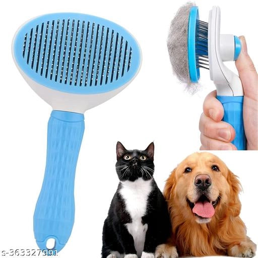 Multicolor self-cleaning slicker brush for pets, designed to remove loose fur and mats, featuring ergonomic handle for easy grooming.