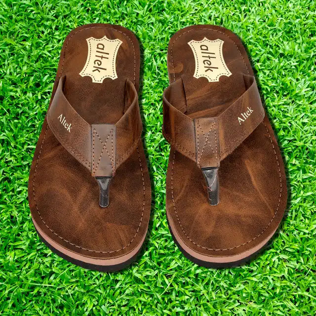 Brown men's flip flops from 2428, size 6, with comfortable straps and casual design, suitable for summer wear.