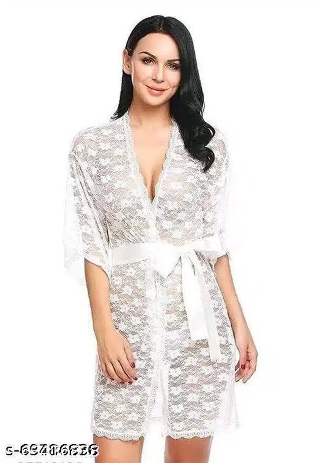 White women's babydoll by 8588, free size, featuring delicate lace details and flowing fabric, perfect for intimate wear.