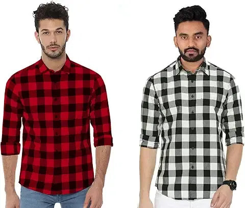 Men's combo shirts by 2527 featuring casual and formal styles, displayed folded with various colors and patterns.