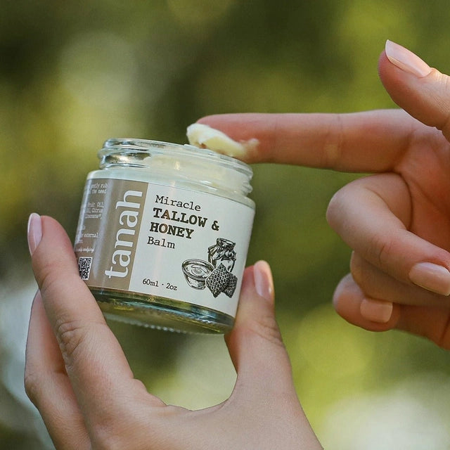 Tallow and honey pain relief balm in a jar, natural ointment for soothing aches, from the 35490 pain relief ointments collection.