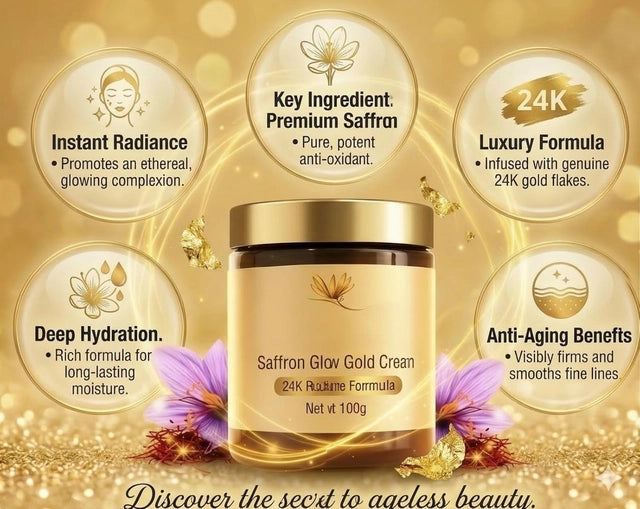 Two jars of Saffron Glow Gold Cream by 35874, featuring gold-colored packaging and cream inside, displayed side by side.