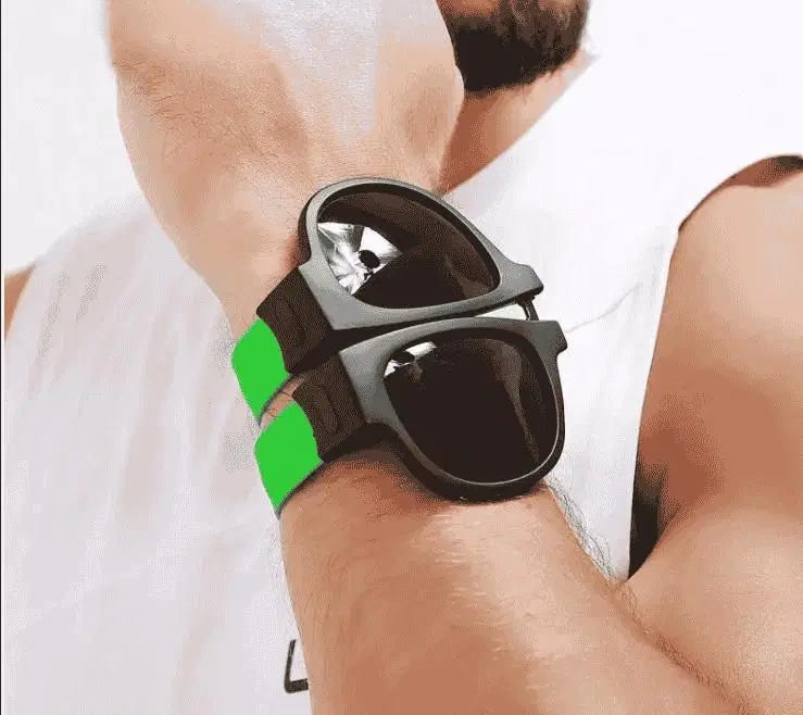 Mens foldable sunglasses bracelet by 1238, featuring sleek sunglasses integrated into a stylish bracelet design.
