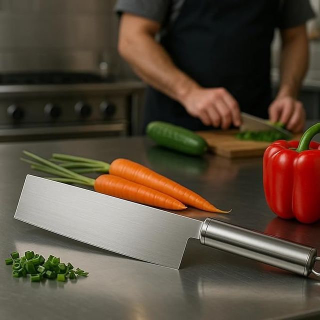 Stainless steel vegetable cleaver knife from 16699, ideal for kitchen use, with a sharp blade and ergonomic handle.