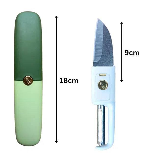 Stainless steel 2-in-1 kitchen knife and peeler by 19333 with a protective case, ideal for peeling and slicing fruits and vegetables.
