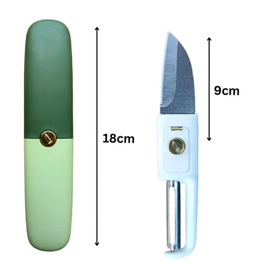 Stainless steel 2-in-1 kitchen knife and peeler by 19333 with a protective case, ideal for peeling and slicing fruits and vegetables.