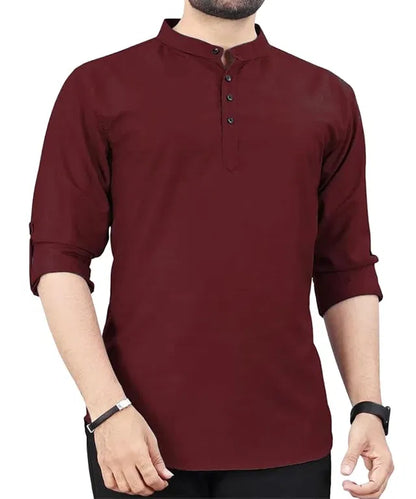 Set of three men's slim fit full sleeve cotton kurta sets in neutral colors, featuring traditional style and comfortable fit.