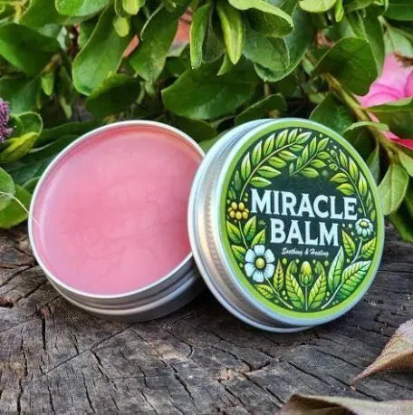 Herbal Miracle Balm lip balm by 25560 with natural herbal ingredients in a small container, designed for pain relief.