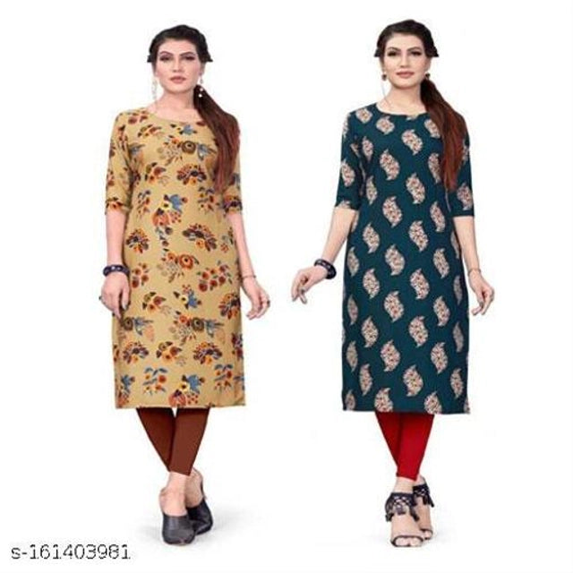 Two crepe printed kurti sets for women, yellow and teal, size small, featuring vibrant patterns from 1457 brand.