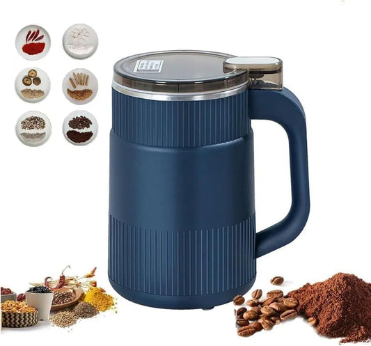 Stainless steel 1238 coffee grinder for herbs, spices, nuts, grains, and coffee, with a sleek compact design for home use.