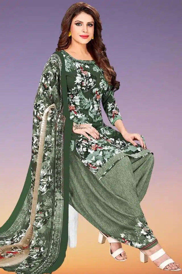 Green crepe printed unstitched dress material for women, 2 meters, from 9444, suitable for making women’s suits.