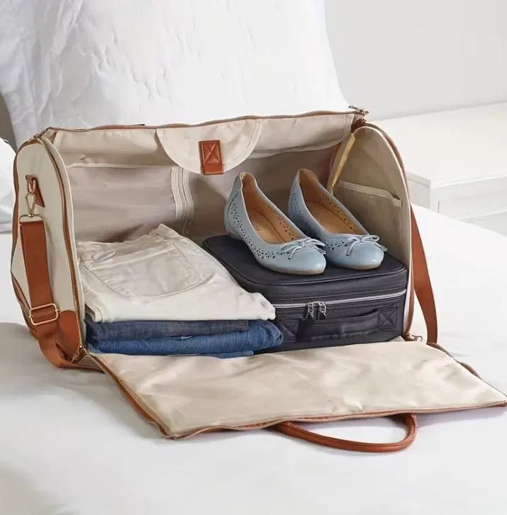 Small 1238 convertible garment bag for travel, featuring a hanging suitcase and large duffle for women, with multiple compartments.