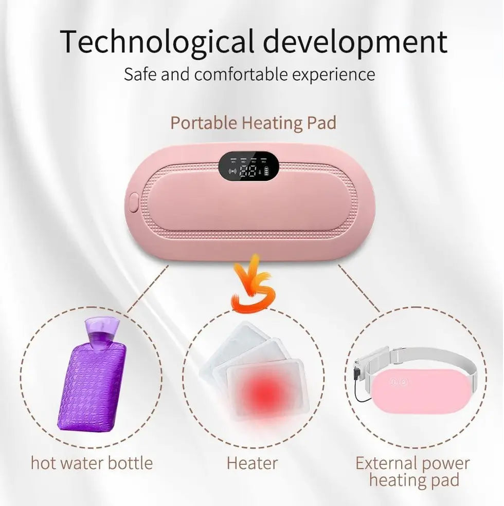 Portable cordless electric heating pad for menstrual relief, showing flexible design and control buttons from the 13162 brand.