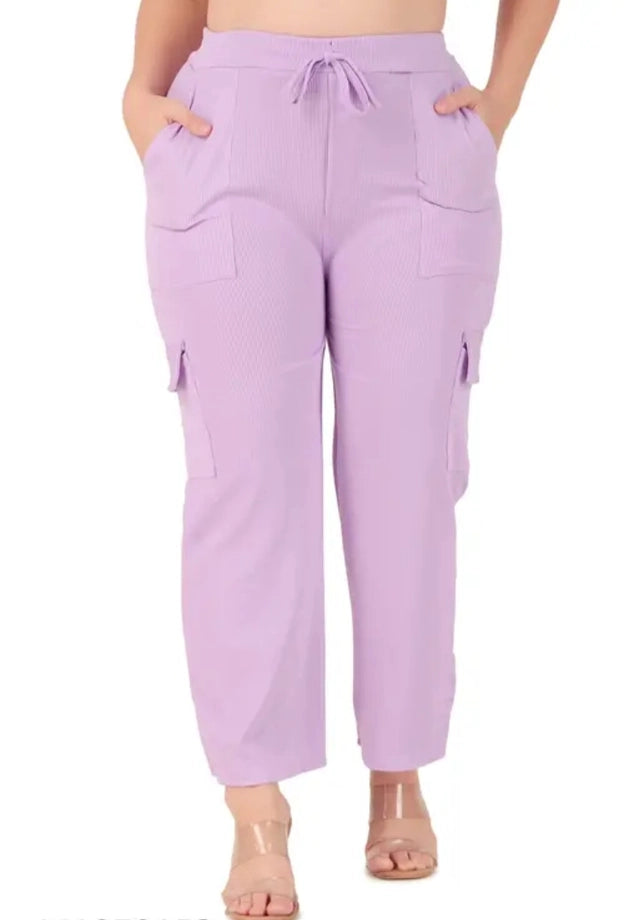 Purple cotton blend straight fit women's trousers with a tailored waistband and classic straight-leg design.