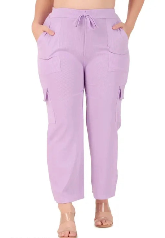 Purple cotton blend straight fit women's trousers with a tailored waistband and classic straight-leg design.